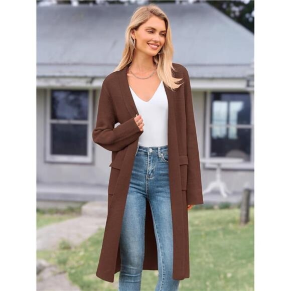 Women's Open Front Long Cardigan Sweaters, Brown - Picture 4 of 7